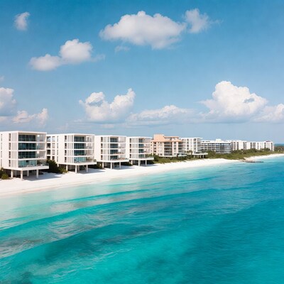 White beachfront condos turquoise ocean