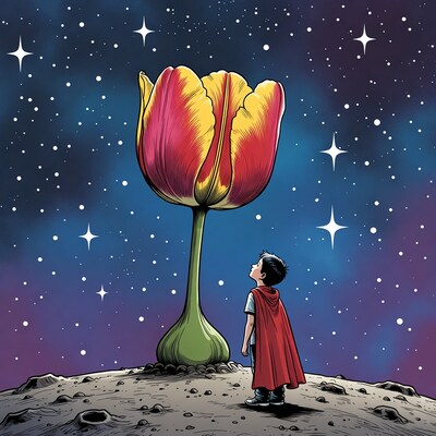 Boy in cape admiring giant tulip on moon