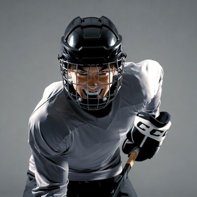 Hockey player with stick and helmet