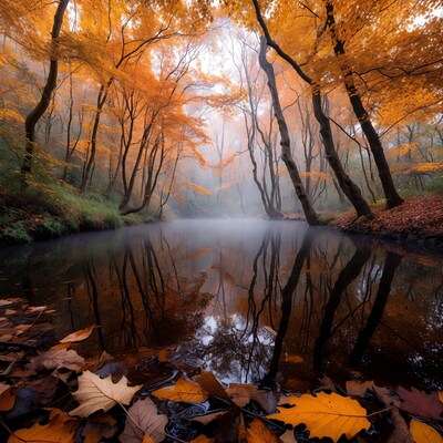 Autumn Forest with Misty Pond Reflection