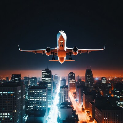 Airplane flying over city skyline at night