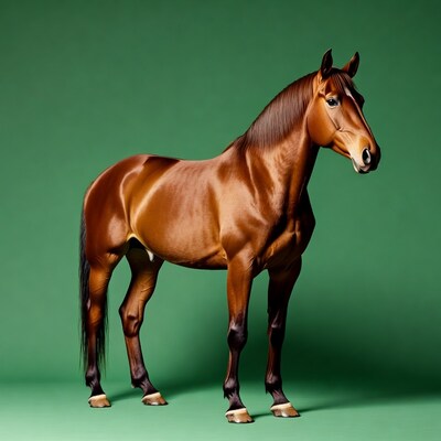 Bay horse on green background