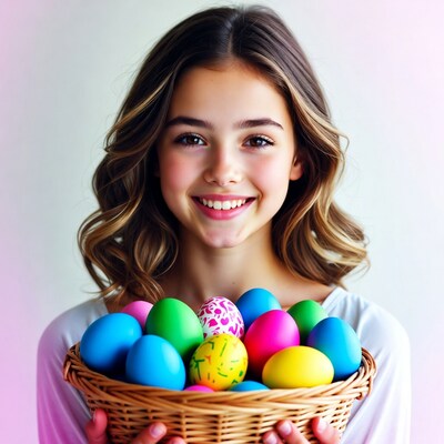 Girl holding Easter basket eggs