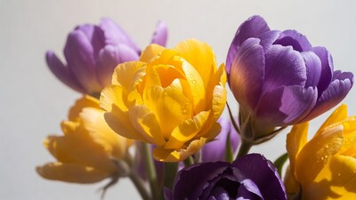 Yellow and Purple Tulips with Dew