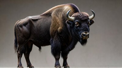 Majestic Bison Standing on Gray Background