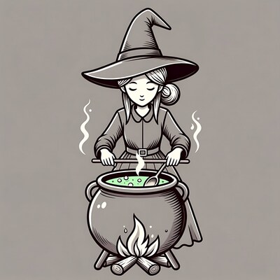 Witch stirring green potion cauldron