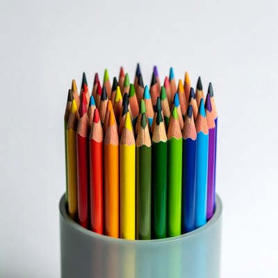 Colorful crayons in gray cup