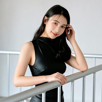 Asian woman in black top leaning on railing