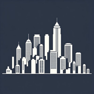 White skyline silhouette on navy background