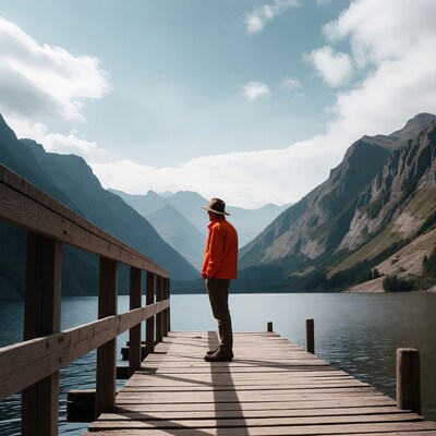 Man in orange jacket on pier with mountains