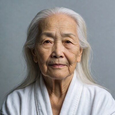Elderly Asian woman in white robe