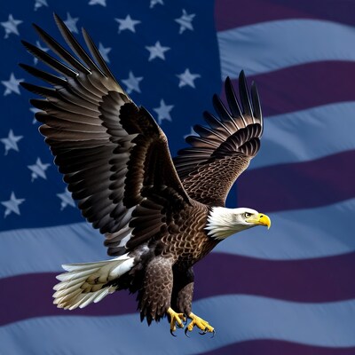 Bald eagle flying over American flag