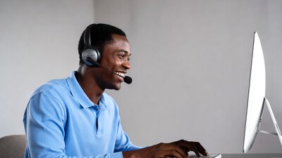 African-American man headset computer call