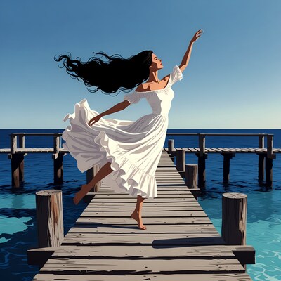 Woman dancing on pier over ocean