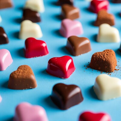 Heart-shaped chocolates on blue background