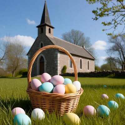 Easter Basket with Eggs near Church