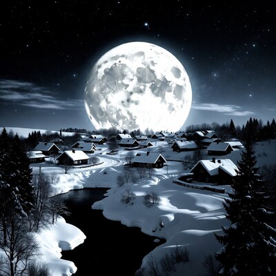 Snowy village under giant full moon
