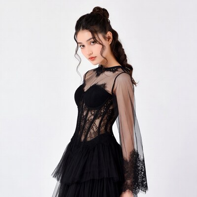 Asian woman in black lace gown