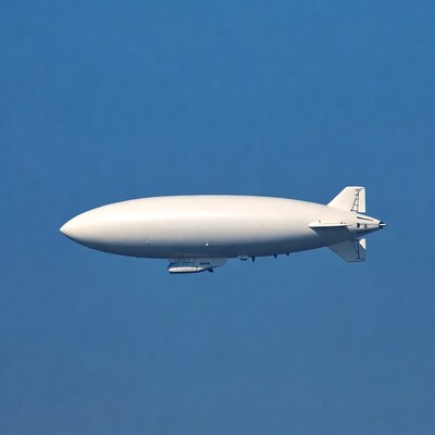 White blimp flying in blue sky