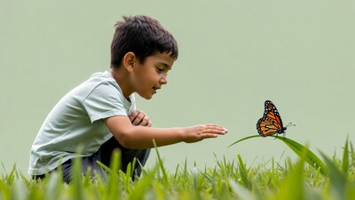 Boy reaching for monarch butterfly