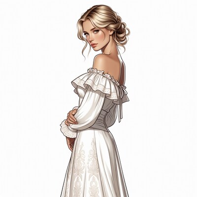 Blonde woman in white lace dress