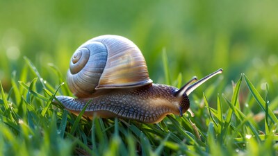 Snail crawling on green grass