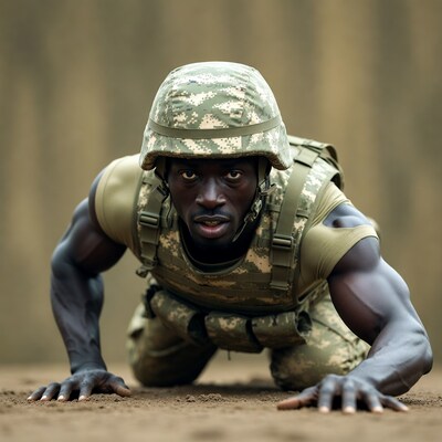 African-American soldier in camouflage crouching