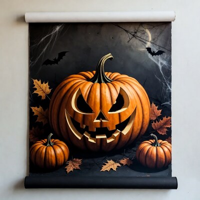 Jack-o'-lantern with Bats and Spiderwebs