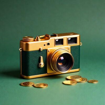 Gold Camera with Coins on Green Background