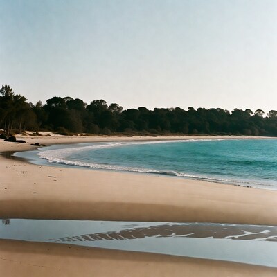 Curved turquoise beach with pine trees