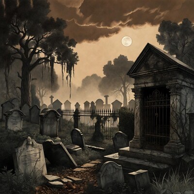 Moonlit Gothic Cemetery with Mausoleum