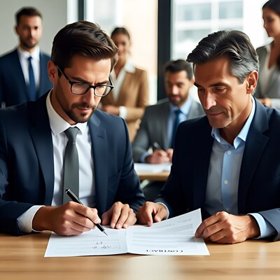 Two businessmen signing contract