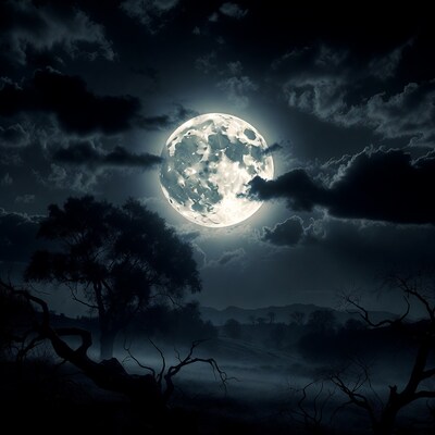 Full Moon Over Dark Forest Landscape