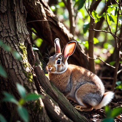 Rabbit peeking from tree trunk