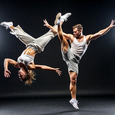 Man and woman acrobatic dance jump