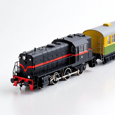 Black diesel locomotive with yellow train car
