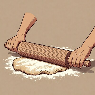 Hands rolling dough with rolling pin