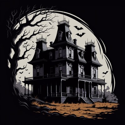 Haunted Mansion with Bats and Moon