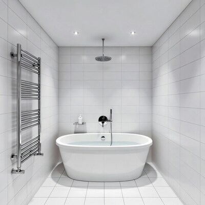 Modern white bathtub in tiled bathroom