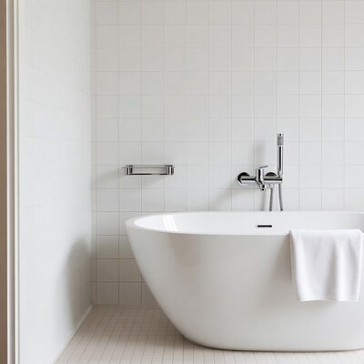 White Freestanding Bathtub in Tiled Bathroom