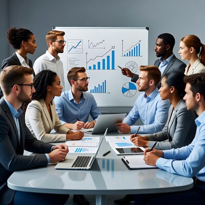 Diverse team in business meeting with charts