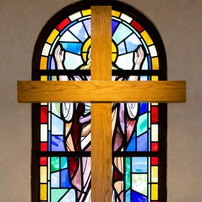 Jesus on Cross in Stained Glass Window