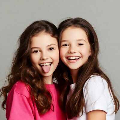 Two girls sticking out tongue smiling