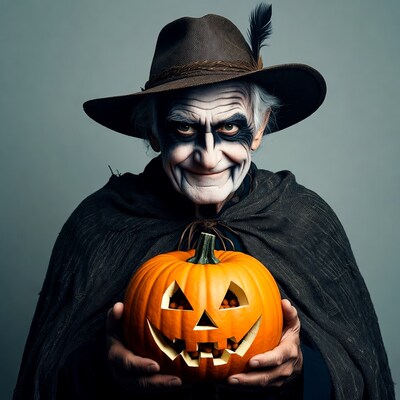 Elderly man holding jack-o-lantern