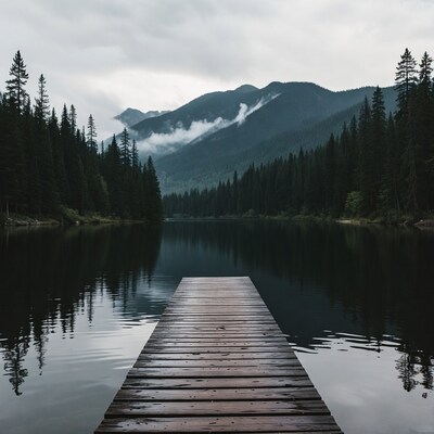 Wooden Pier into Mountain Lake