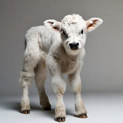 White baby calf standing