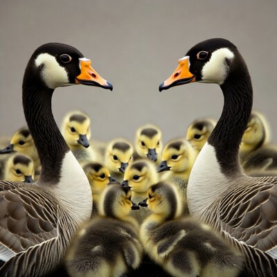 Two geese with goslings
