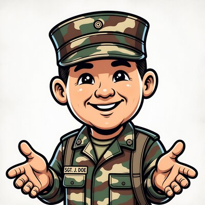 Cartoon Asian soldier spreading arms
