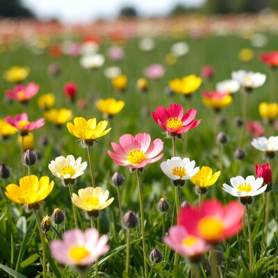 Colorful Cosmos Flowers in Green Field