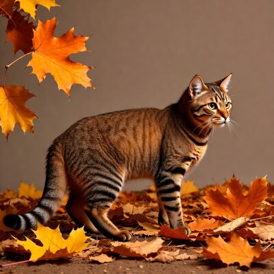 Tabby Cat in Autumn Leaves